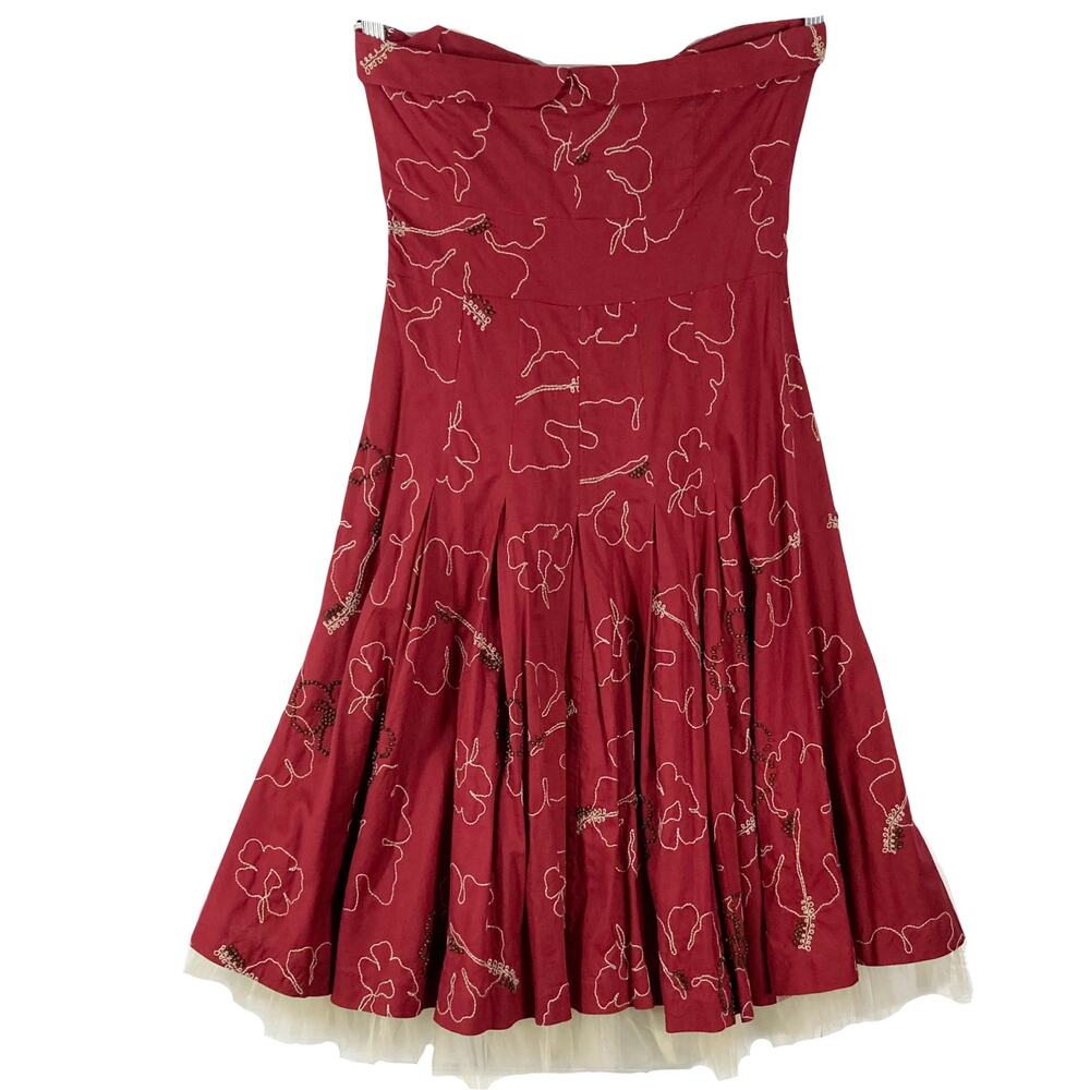 NWOT TIBI Dress 8 Merlot Beads Embroidery FitFlare Pleated Sweetheart-CuffedNeck - Picture 2 of 13